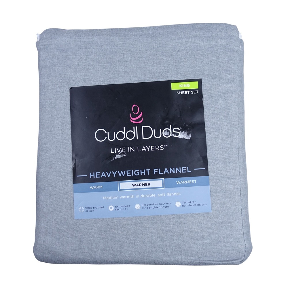 Cuddl Duds King Sheet Set Heavyweight Flannel 100% Brushed Cotton Gray Heather